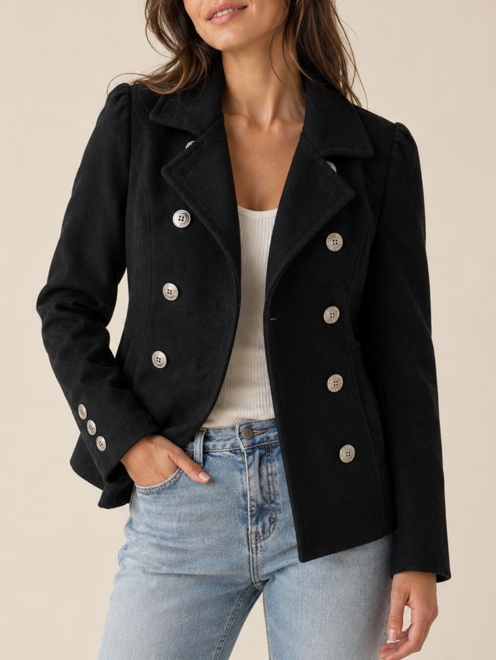 G by Guess Black Double-Breasted Peacoat with Silver-Tone Buttons